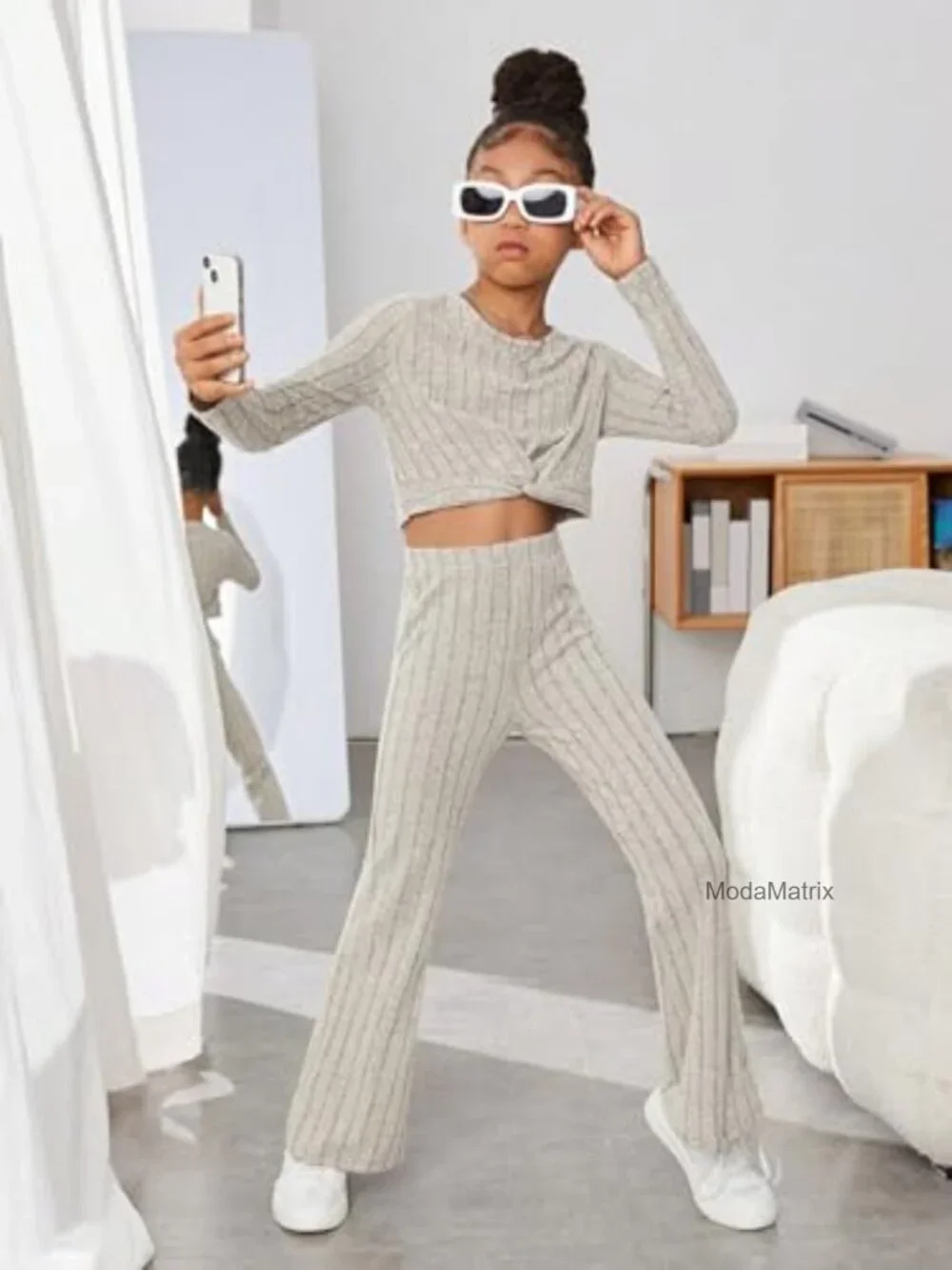 2pc Ribbed Knit Crewneck Tee & Flare Leg Pants Set